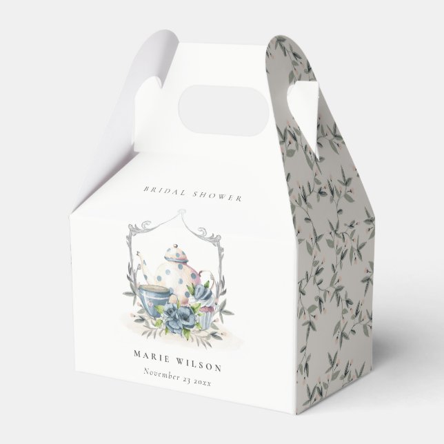 Caja Para Regalos Cute Aqua Blue Floral Teapot Escudo Bridal Shower (Front Side)