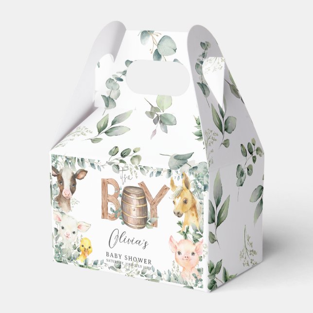 Caja Para Regalos Cute Farm Animals Greenery Boy Barn Baby Shower (Front Side)