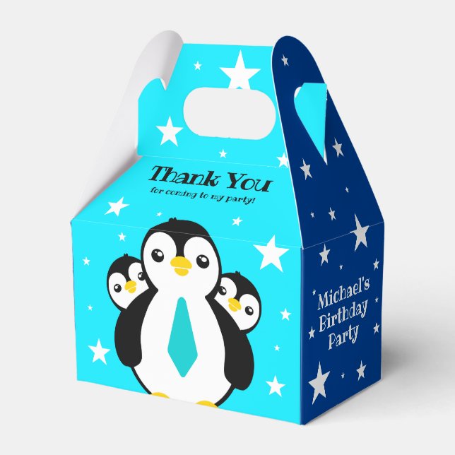 Caja Para Regalos Cute Feliz Cumpleaños Pingüinos Cuellos Azules (Front Side)