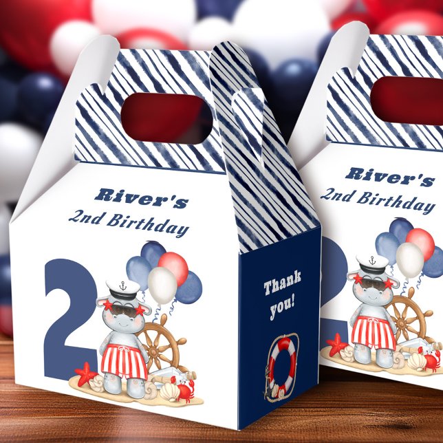 Caja Para Regalos Cute Hippo Nautical Blue Segundo Nacimiento Niño (Cute Hippo Nautical Blue 2nd Birthday Boy Favor Box)