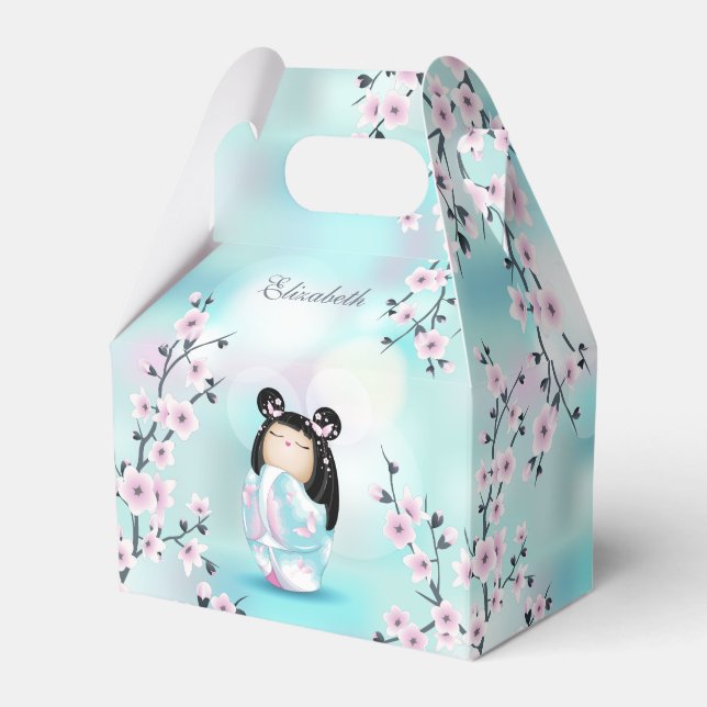 Caja Para Regalos Cute Kokeshi Doll cerezo florete Turquoise (Front Side)