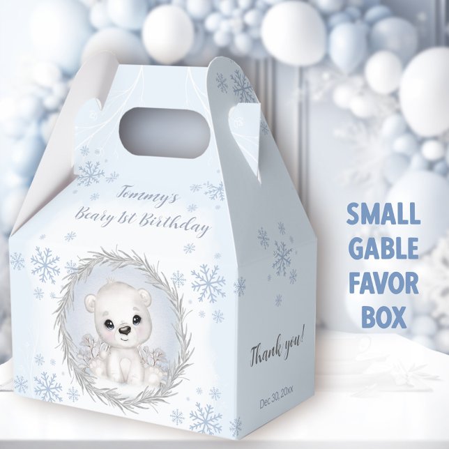 Caja Para Regalos Cute Polar Bear Boy Winter Blue Primer cumpleaños (Blue Polar Bear Small Gable Favor Boxes - You can choose from 3 sizes of these gable favor boxes )