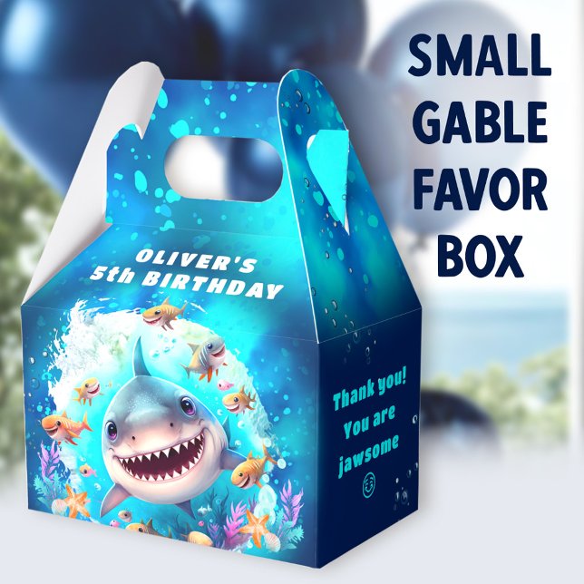 Caja Para Regalos Cute Shark Boy Birthday Blue Party FavBox (Shark Dark Blue Small Gable Favor Boxes - You can choose from 3 sizes of these gable favor boxes)