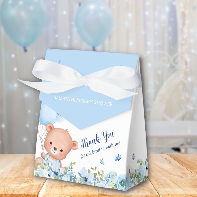 Caja Para Regalos Cute Teddy Bear Blue Ballons Boys Baby Shower (Cute teddy bear with blue balloons, flowers and butterflies favor box for baby boy baby shower)