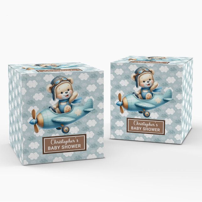 Caja Para Regalos Cute Teddy Bear Pilot Blue Baby Party FavBox (Cute Teddy Bear Pilot Blue Baby Party Favor Box)
