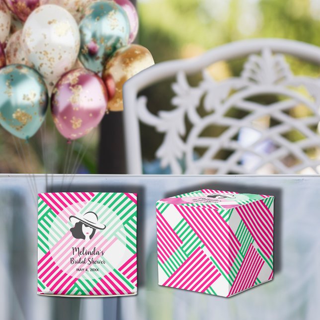 Caja Para Regalos Dama de sombrero grande Derby Rosa Verde Rayas Cua (Big Derby hat lady on hot pink and green diagonal stripes square bridal shower favor boxes)