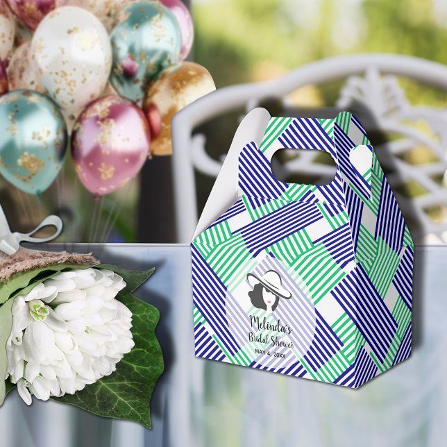 Caja Para Regalos Dama Sombrero Grande Derby Despedida de Soltera Ga (Big Derby hat lady on blue and green diagonal stripes gable style bridal shower favor boxes)