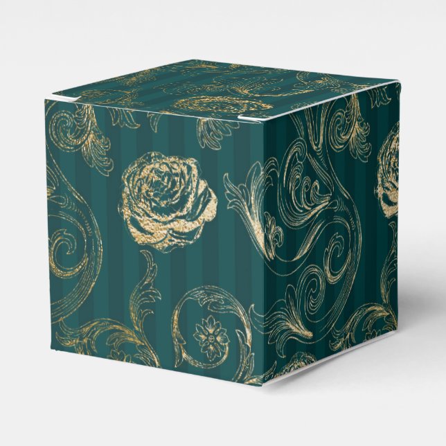 Caja Para Regalos Damascado floral teal oscuro y dorado (Costado Anverso)
