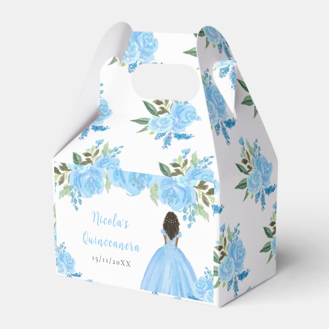 Caja Para Regalos Dark Skin Princess Blue Floral Quinceanera (Front Side)