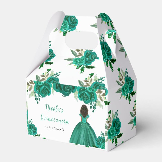 Caja Para Regalos Dark Skin Princess Green Floral Quinceanera (Front Side)