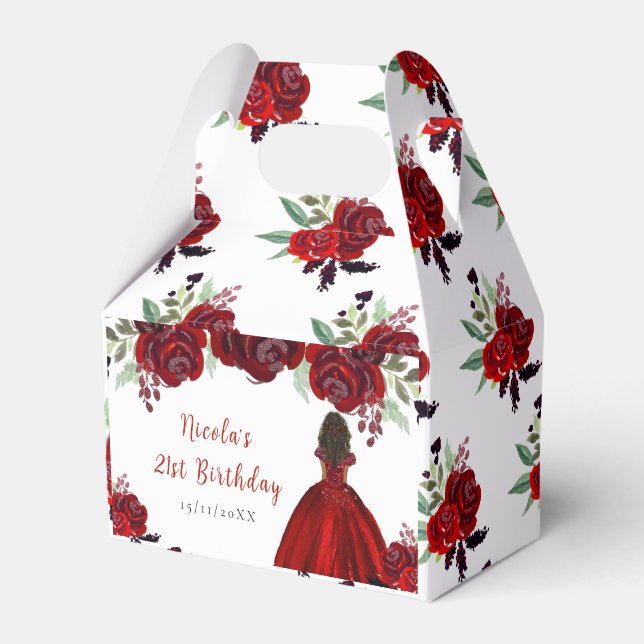 Caja Para Regalos Dark Skin Princess Red Floral Birthday (Front Side)