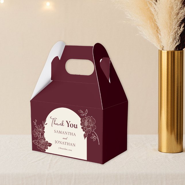 Caja Para Regalos Deep Burgundy Floral Ivory Arch Wedding Thank You (Deep Burgundy Floral Line Art with Ivory Arch Wedding Favor Box)