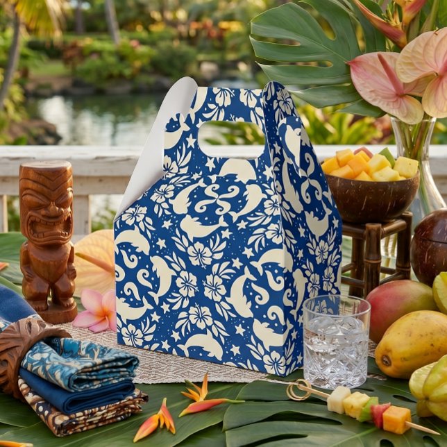 Caja Para Regalos Delfines de estampado hawaiano tropical (dolphin tropical theme party favor box)