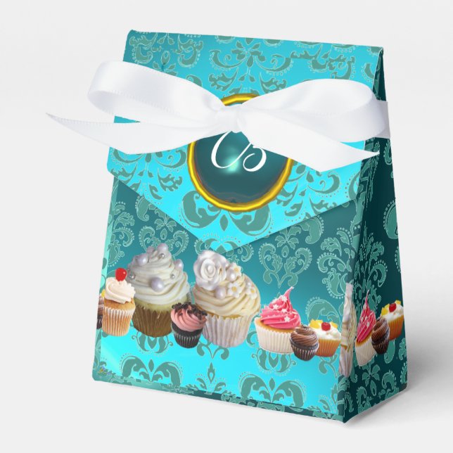 CAJA PARA REGALOS DELICIOSOS CUPCAKES VERDE AZULADOS DAMASK BLUE GEM (Front Side)