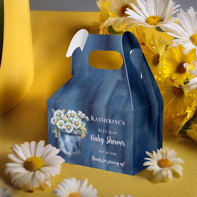 Caja Para Regalos Denim Blue Jean | Daisies Floral Baby Shower (Blue Jean Pocket Denim and Daisies Baby Shower Favor Boxes)