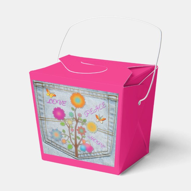 Caja Para Regalos Denim Pocket Flowers Peace Love Hope Favor Box (Front Side)