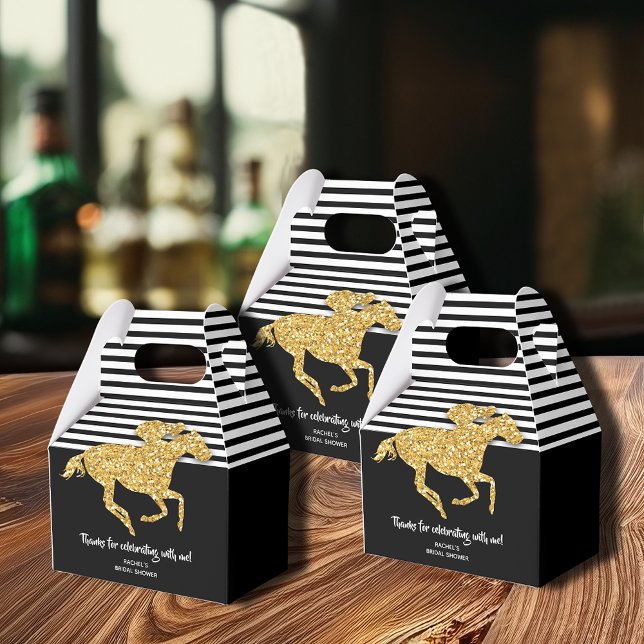 Caja Para Regalos Despedida de soltera con tema de Derby de carreras (Gold racehorse on black and white Derby-theme bridal shower gable favor boxes)