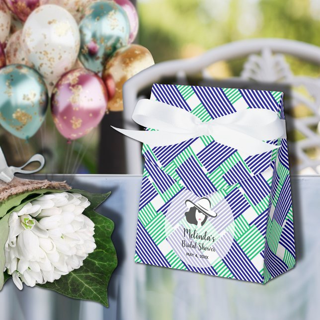 Caja Para Regalos Despedida de Soltera Sombrero Grande Toldo Rayas V (Big Derby hat lady on blue and green diagonal stripes ribboned tent style bridal shower favor boxes)