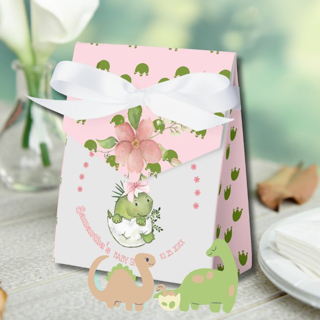 Caja Para Regalos Dino Naciendo con Cumpleaños de Bebé con Lazo Rosa (Hatching Dino with Pink Bow Baby Shower Favor Boxes)