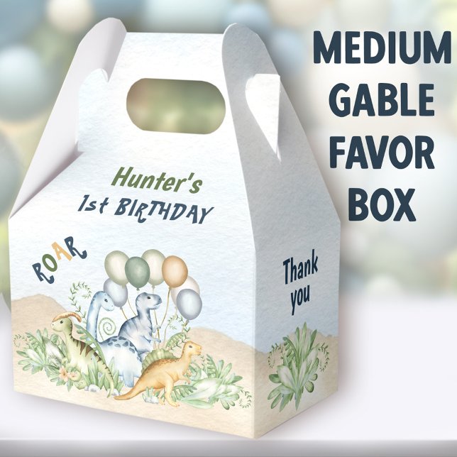 Caja Para Regalos Dinosaur Boy Pastel Azul Verde Azul Primer cumplea (Dinosaur Boy Medium Gable Favor Boxes - You can choose from 3 sizes of these gable favor boxes)