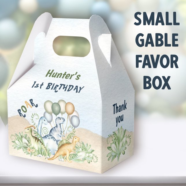 Caja Para Regalos Dinosaurio Boy Pastel Azul Verde Primer cumpleaños (Dinosaur Boy Small Gable Favor Boxes - You can choose from 3 sizes of these gable favor boxes)