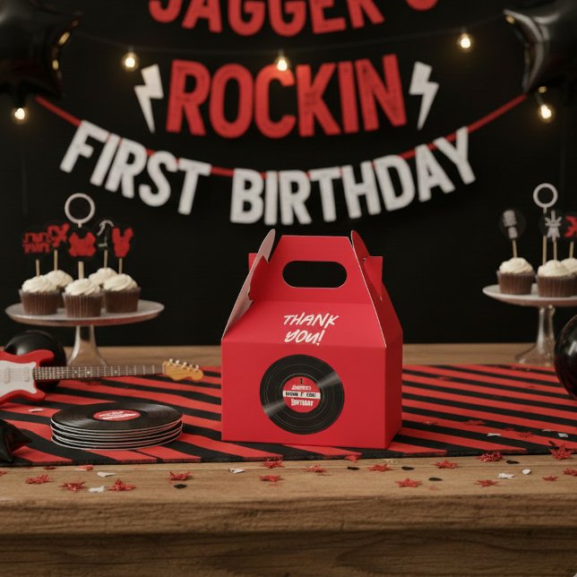 Caja Para Regalos Disco de vinilo Rock and Roll Cumpleaños Gable Roj (Custom vinyl record favor boxes for a rockin' birthday)