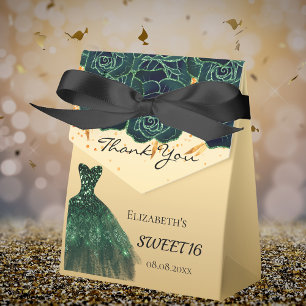 Caja Para Regalos Dulce 16 florals de oro verde vestido gracias