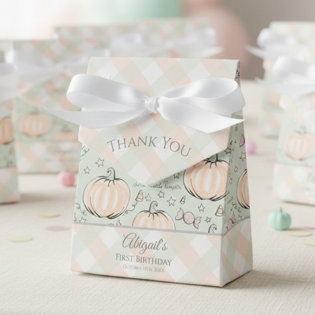 Caja Para Regalos Dulce dulce calabaza Halloween y Cae (Green Little Pumpkin Gender Neutral 1st Birthday Favor Boxes. Modern Gingham & Rustic Fall Pumpkins)