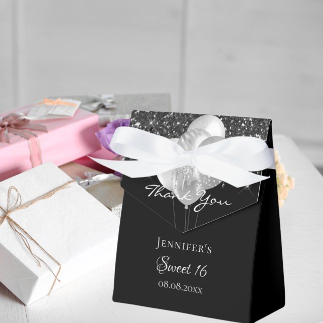 Caja Para Regalos Dulces 16 globos purpurinas de plata negra gracias (Subido por el creador)