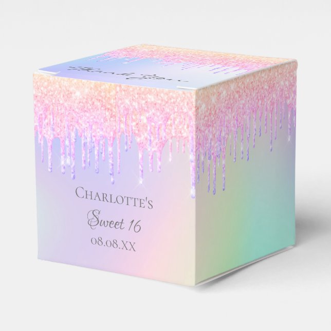 Caja Para Regalos Dulces 16 goteos holográficos de purpurina rosa gr (Costado Anverso)