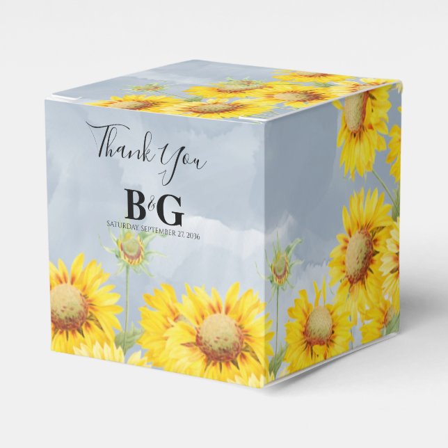 Caja Para Regalos Duste Blue Watercolor Sunflowers Monograma Boda (Costado Anverso)
