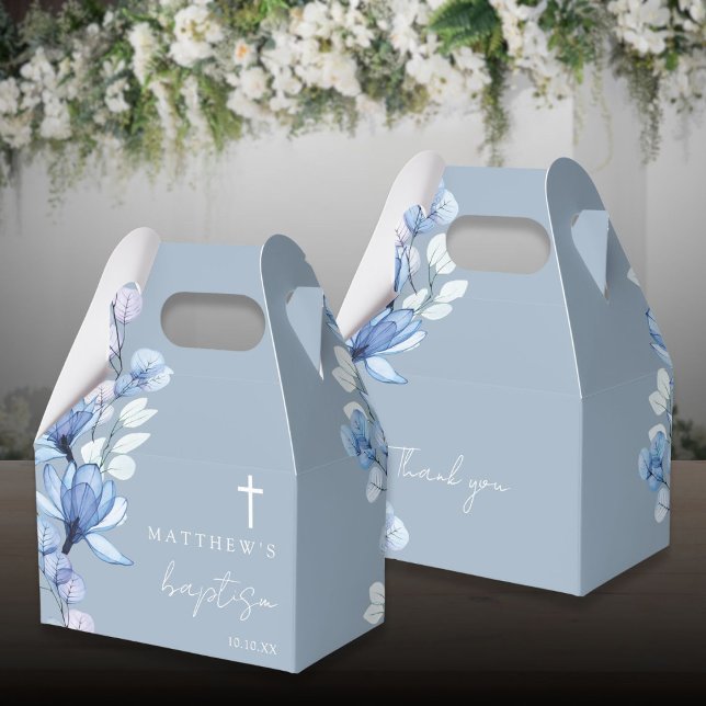 Caja Para Regalos Dusty Blue Elegant Baptismo Floral Moderno (Dusty Blue Elegant Modern Floral Baptism Favor Boxes)