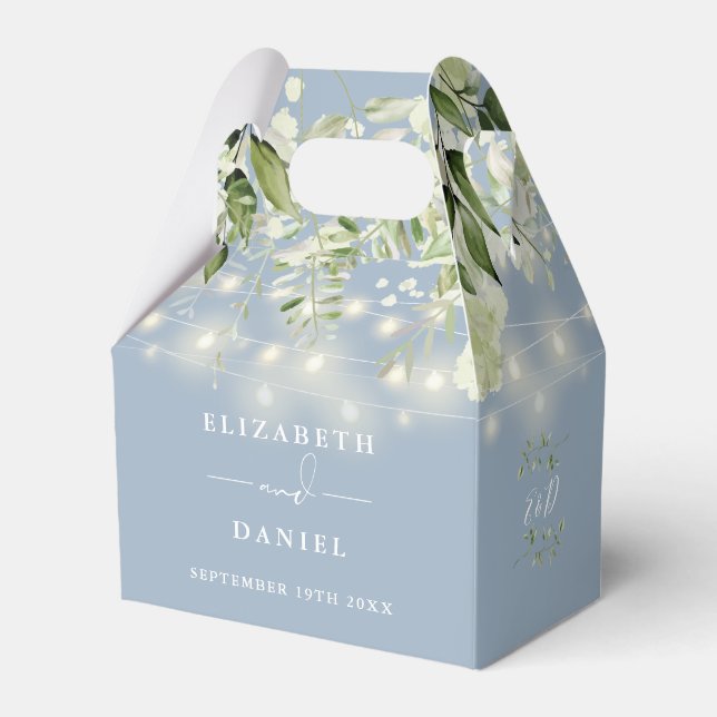 Caja Para Regalos Dusty Blue Greenery String Luces Monograma Boda (Front Side)
