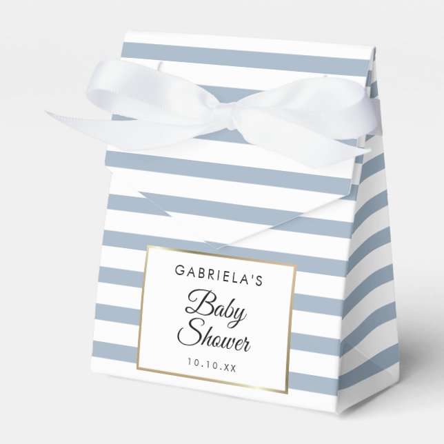 Caja Para Regalos Dusty Blue Stripe Elegant Gold Baby Shower (Front Side)