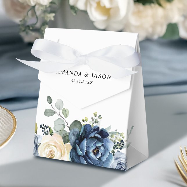 Caja Para Regalos Dusty Marina Azul Champagne Boda de marfil (Dusty Blue Navy Champagne Ivory Floral Wedding Favor Boxes)