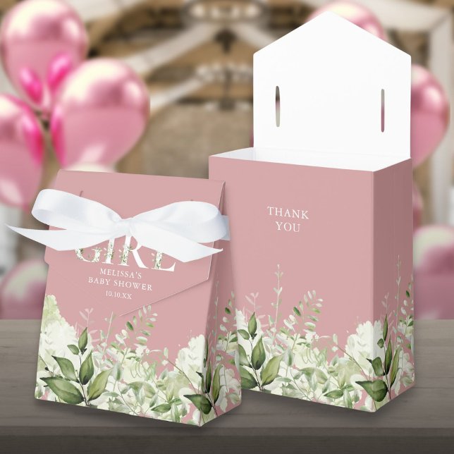 Caja Para Regalos Dusty Rose Es Una Niña Bebe Shower de Verde (Dusty Rose Its A Girl Greenery Baby Shower Favor Box)