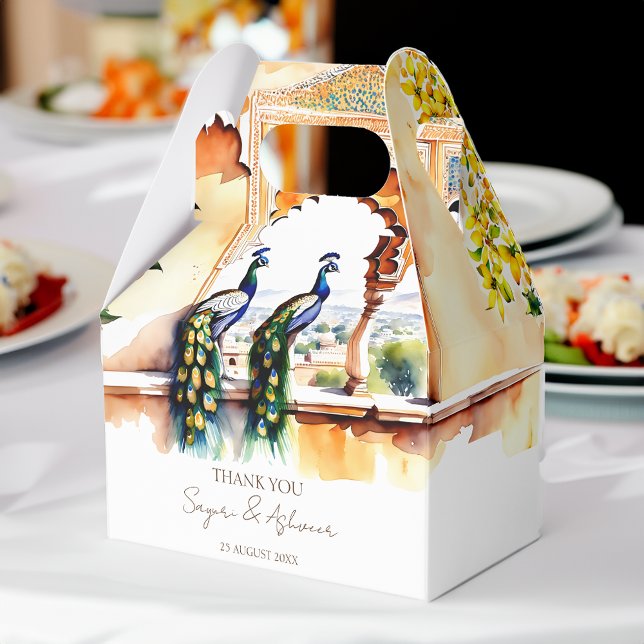 Caja Para Regalos El boda indio peacock Jaipur favorece al personali (Indian wedding favors watercolor peacock Jaipur palace customized Favor Boxes)