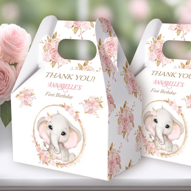 Caja Para Regalos Elefante Chica Floral Blanca Rosa Primer cumpleaño (Elephant Girl Pink White Favor Box - You can choose from 3 sizes by clicking on the STYLE dropbox.)