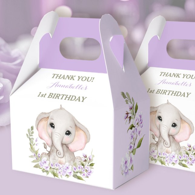 Caja Para Regalos Elefante Primer Chica de cumpleaños Primavera Mora (Elephant 1st Birthday Girl Spring Purple Floral Favor Boxes)