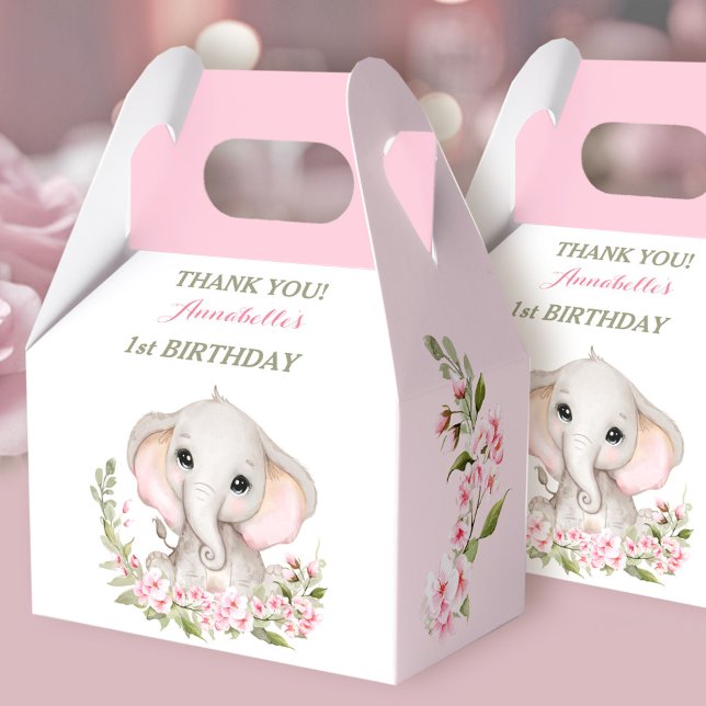 Caja Para Regalos Elefante Primer Chica de cumpleaños primavera rosa (Elephant 1st Birthday Girl Spring Pink Sakura Favor Boxes)