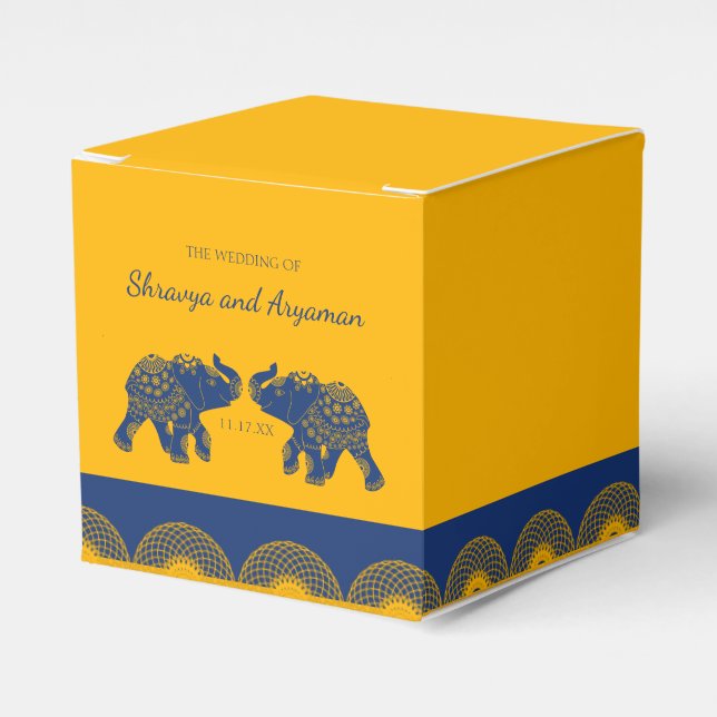 Caja Para Regalos Elefantes con temática india en Boda azul real (Costado Anverso)