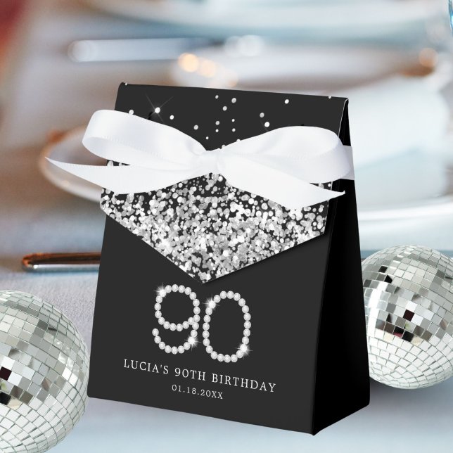Caja Para Regalos Elegant Black Silver Diamonds 90th Birthday (Diamonds 90th Birthday Favor Boxes)