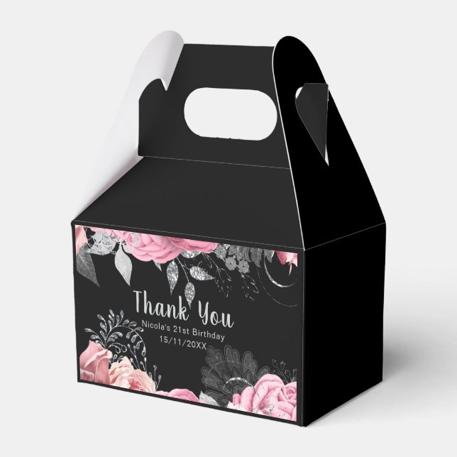 Caja Para Regalos Elegant Pink and Silver Flowers Birthday (Front Side)