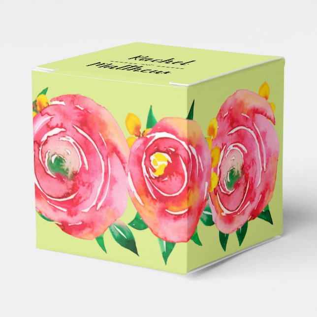 Caja Para Regalos Elegante acuarela rosa caliente Floral sobre verde (Costado Anverso)