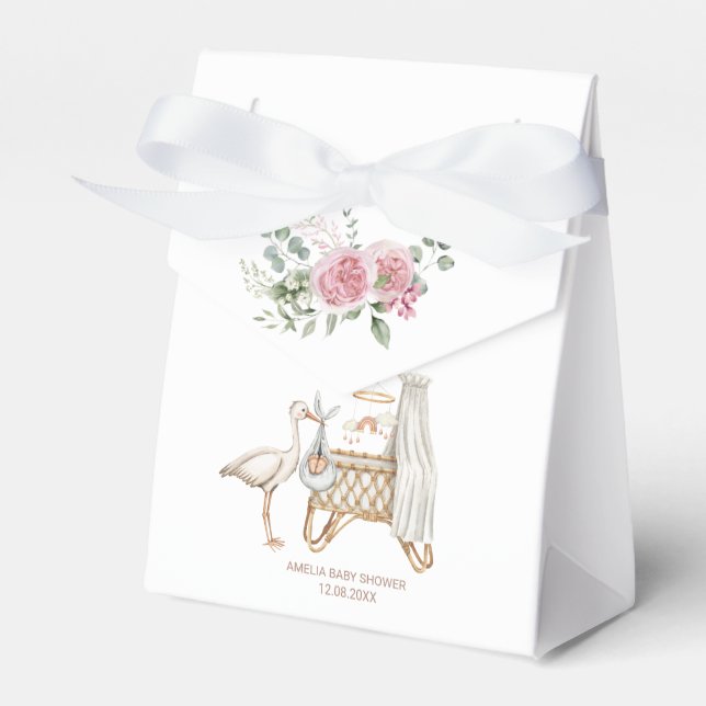 Caja Para Regalos Elegante acuarela Stork Baby Girl Flores Rosa Ba (Front Side)