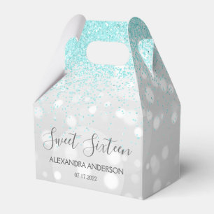 Caja Para Regalos Elegante Aqua Blue Silver Purpurina Dulce Dieciséi