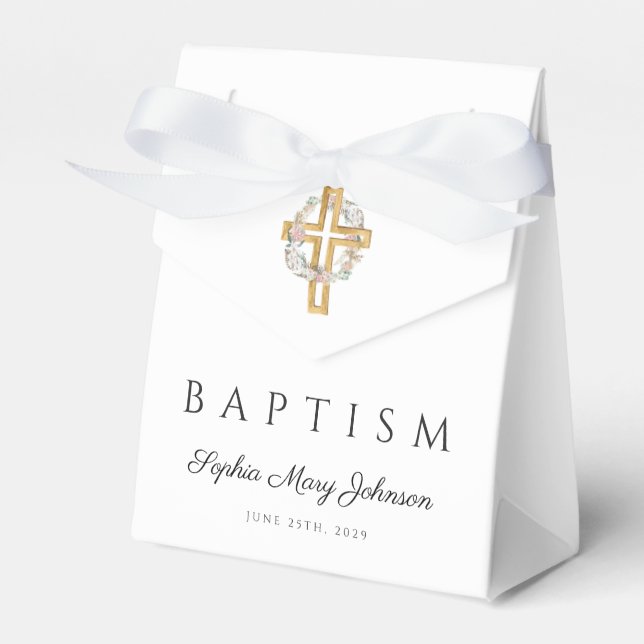 Caja Para Regalos Elegante Baptismo de la cruz floral (Front Side)