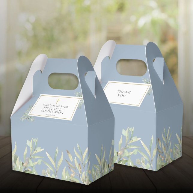 Caja Para Regalos Elegante Blue First Holy Communia Greeneration (Elegant Blue First Holy Communion Greenery Favor Boxes)
