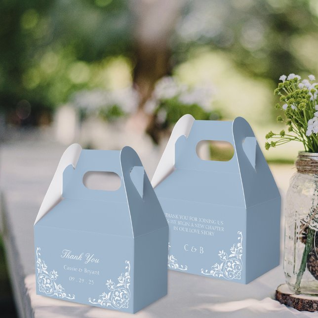 Caja Para Regalos Elegante Boda azul turbio y blanco Gracias (elegant simple blue and white wedding thank you gift favor boxes for wedding party bridal or welcome)