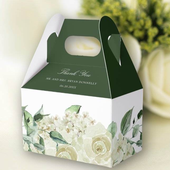 Caja Para Regalos Elegante Boda de flores blancas de vegetación (Wedding favor box with white flowers and greenery. Perfect for treats such as donuts, cookies, cakes)